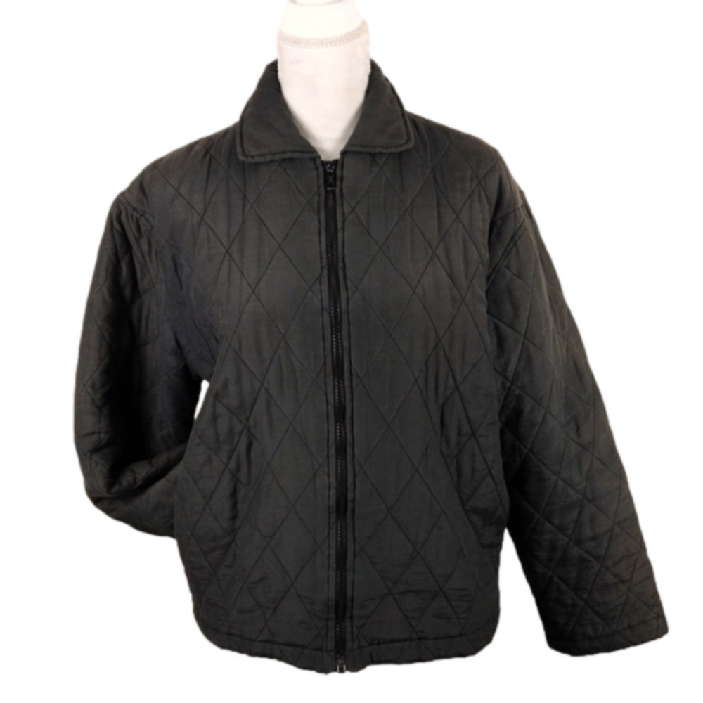 Bogari Signature 100% Silk Dark Green Collared Long Sleeve Zip Up Quilted Jacket